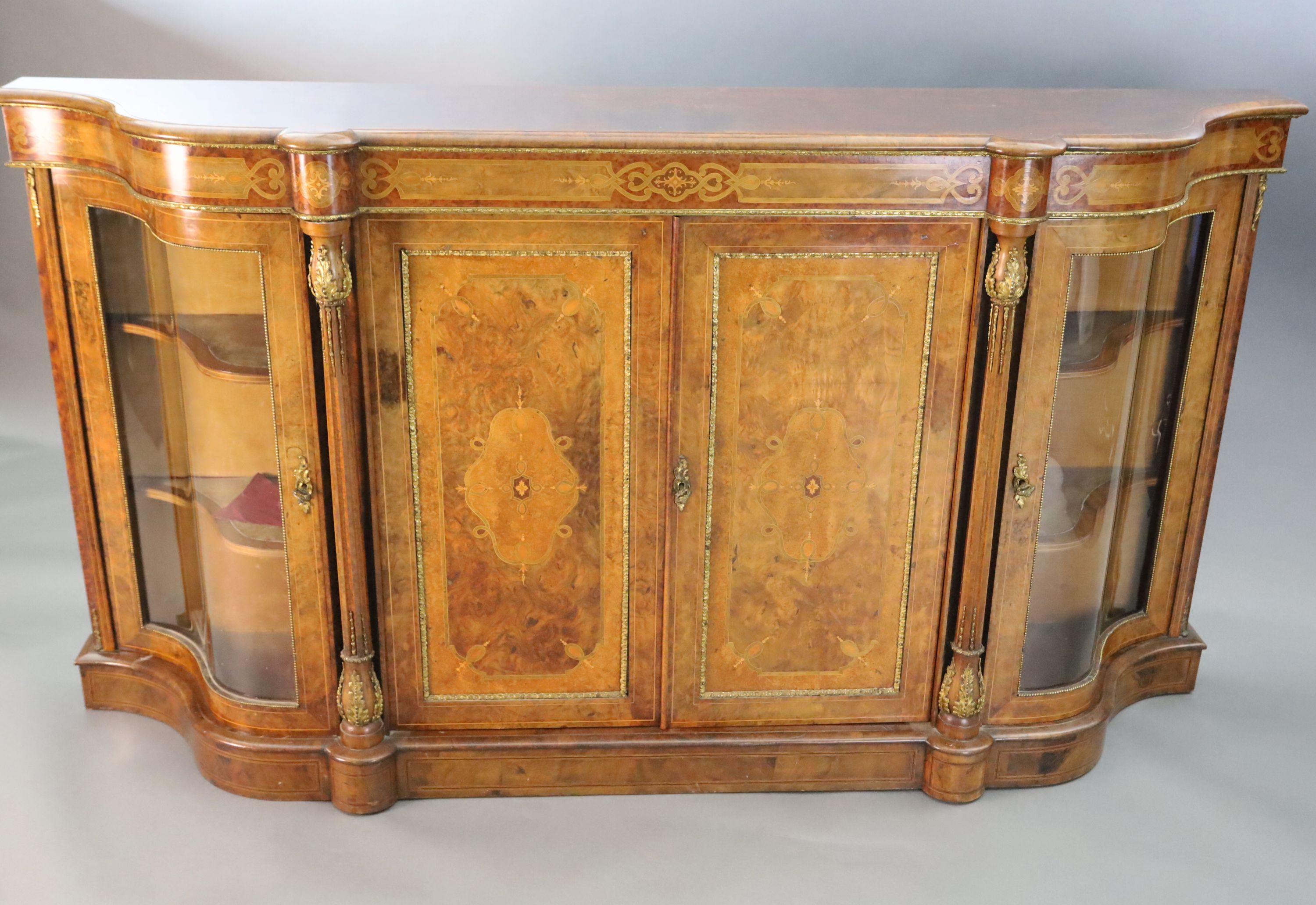 A Victorian figured walnut and marquetry side cabinet, W.6ft 6in. D.1ft 5in. H.3ft 6in.